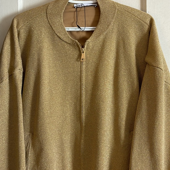 Zara Knit Bomber Cardigan with Gold Metallic Thread. Size Large. - Picture 3 of 5